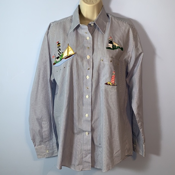 Las Olas Blue white Striped Button up Shirt Lighthouse Embroidery stars medium - Picture 1 of 8
